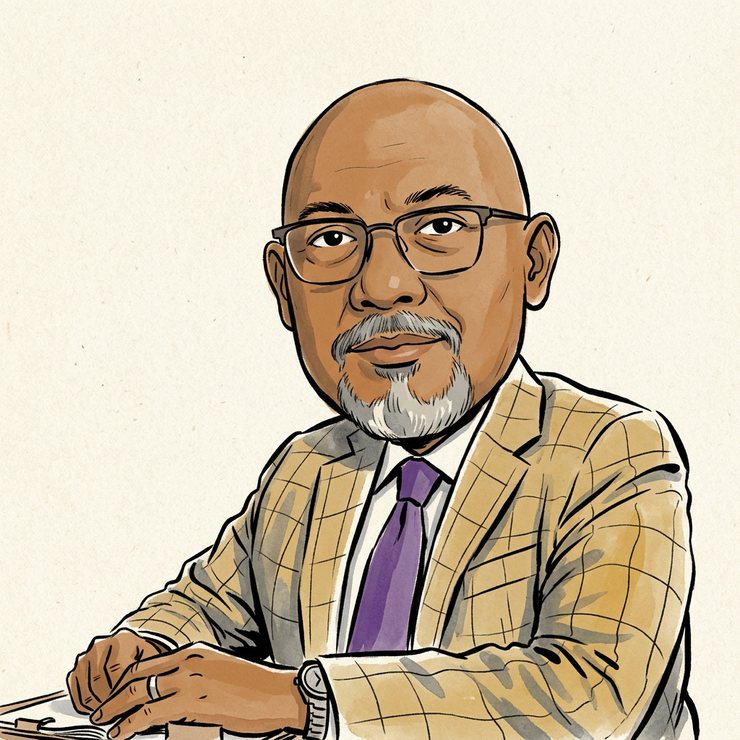 An ink-and-wash illustration of Reza Ali: bald head, dark rectangular spectacles, a grey moustache and beard, a white shirt and purple tie, on a plain cream background.