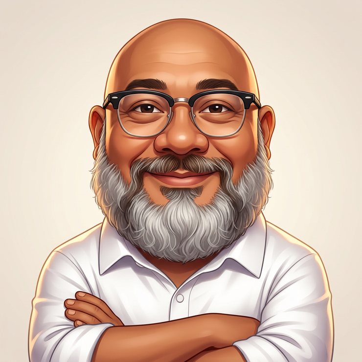 A closer caricature of Reza Ali with a full grey beard, head large in the frame.