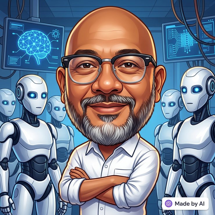 A caricature of Reza Ali standing with arms crossed at the centre of four white humanoid androids with glowing eyes, in a blue-lit laboratory.