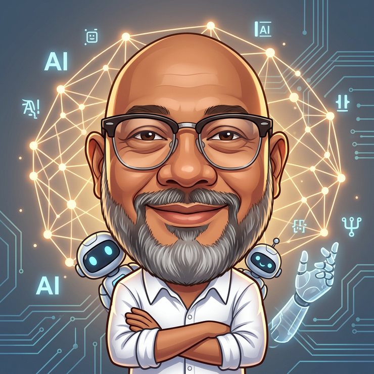 A close caricature of Reza Ali surrounded by a glowing neural-network sphere, floating AI glyphs and circuit patterns, with a small robot at his shoulder.