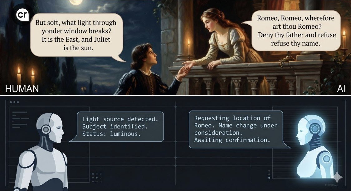 Two-panel graphic. The upper panel, labelled HUMAN, is a painting of Romeo and Juliet on a moonlit balcony, with speech bubbles carrying their lines. The lower panel, labelled AI, shows two humanoid robots facing each other on a dark diagram, with bubbles reading the same exchange as status messages.