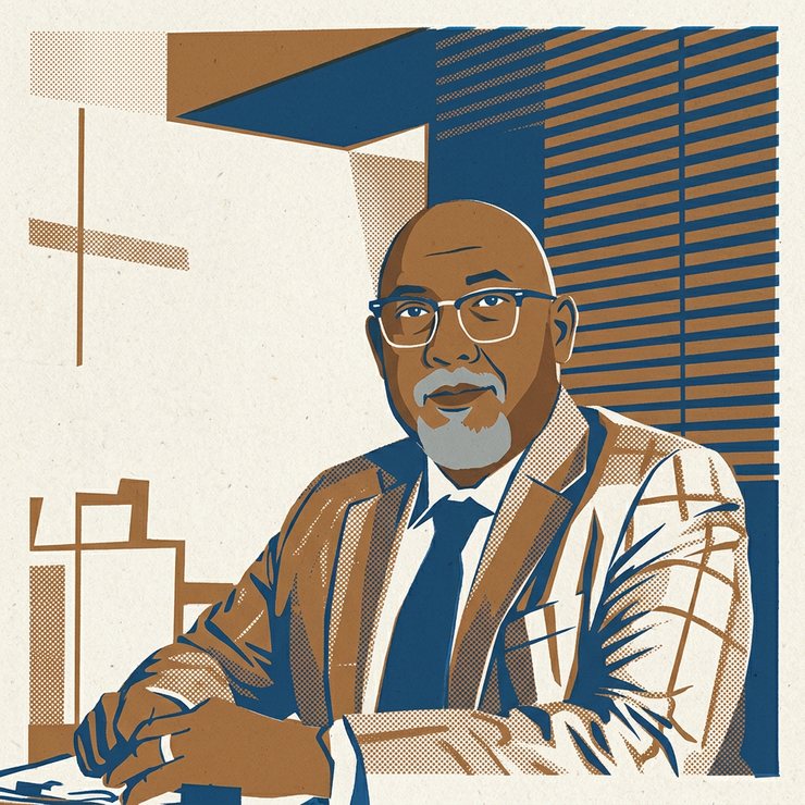 AI-generated illustration of Reza Ali: A screenprint-style graphic of Reza Ali in ink blue and ochre, seated at a desk, rendered in flat geometric shapes.