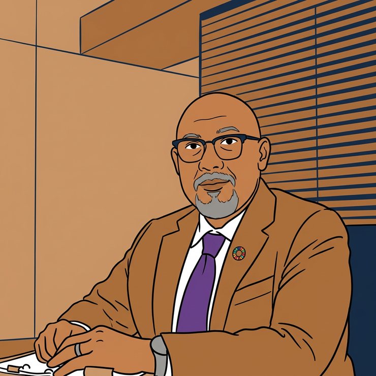 AI-generated illustration of Reza Ali: A flat cartoon of Reza Ali in warm brown tones, bold ink outlines, seated with a laptop and papers.
