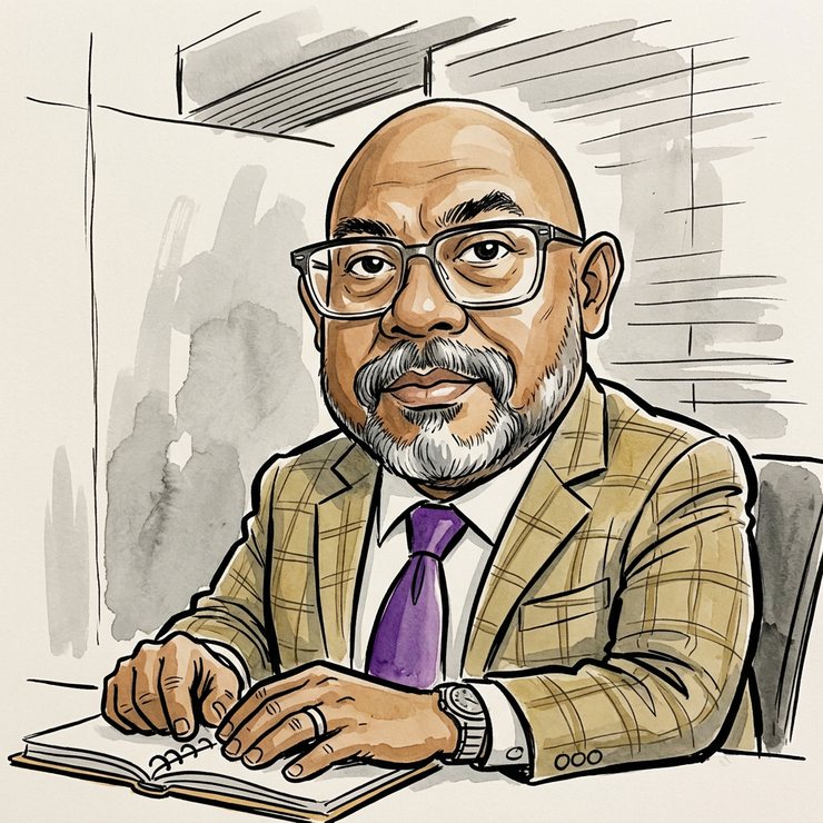AI-generated illustration of Reza Ali: An ink-and-wash caricature of Reza Ali with a somewhat enlarged head, thick brows and an amplified moustache.