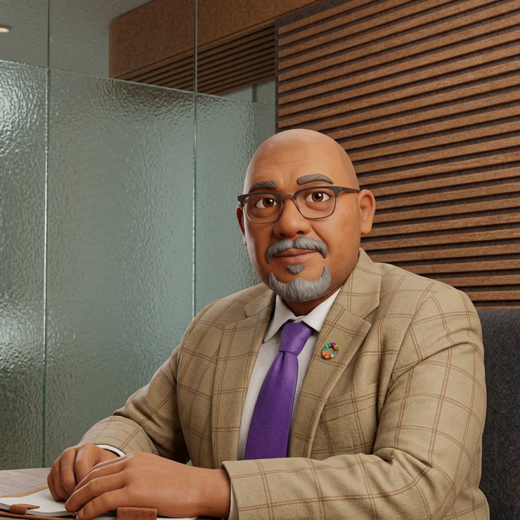 AI-generated photorealistic portrait attempt of Reza Ali; not a photograph. A polished portrait of Reza Ali that looks like a photograph: seated at a desk in an office with a glass partition and a slatted wood ceiling.