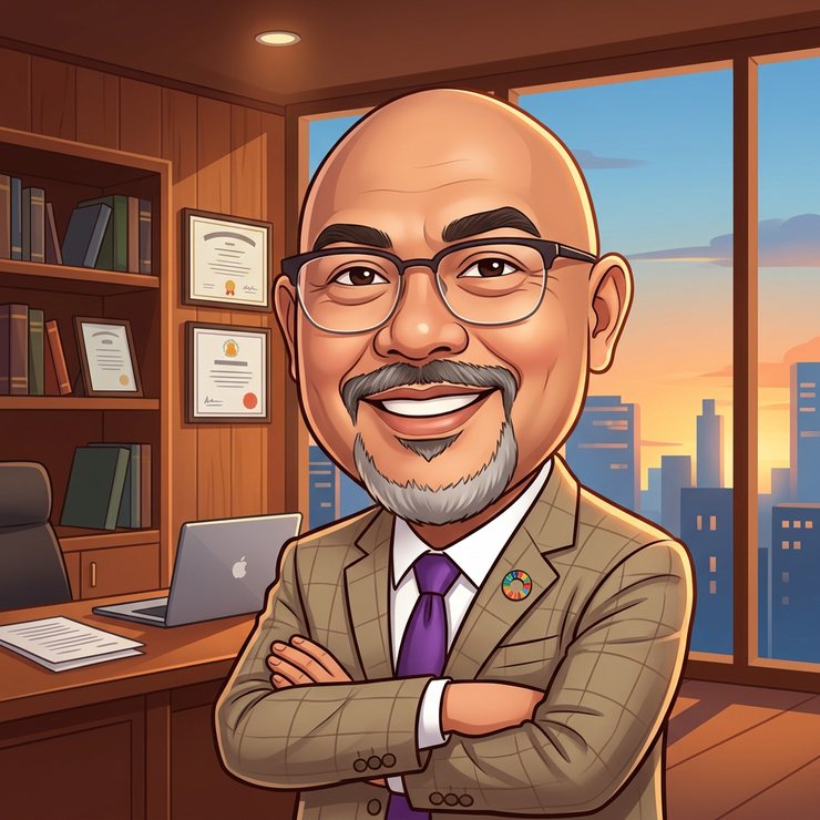 AI-generated illustration of Reza Ali: A digital caricature of Reza Ali with an oversized head and a broad grin, arms crossed, in a wood-panelled office with bookshelves and a window showing a city skyline at sunset.