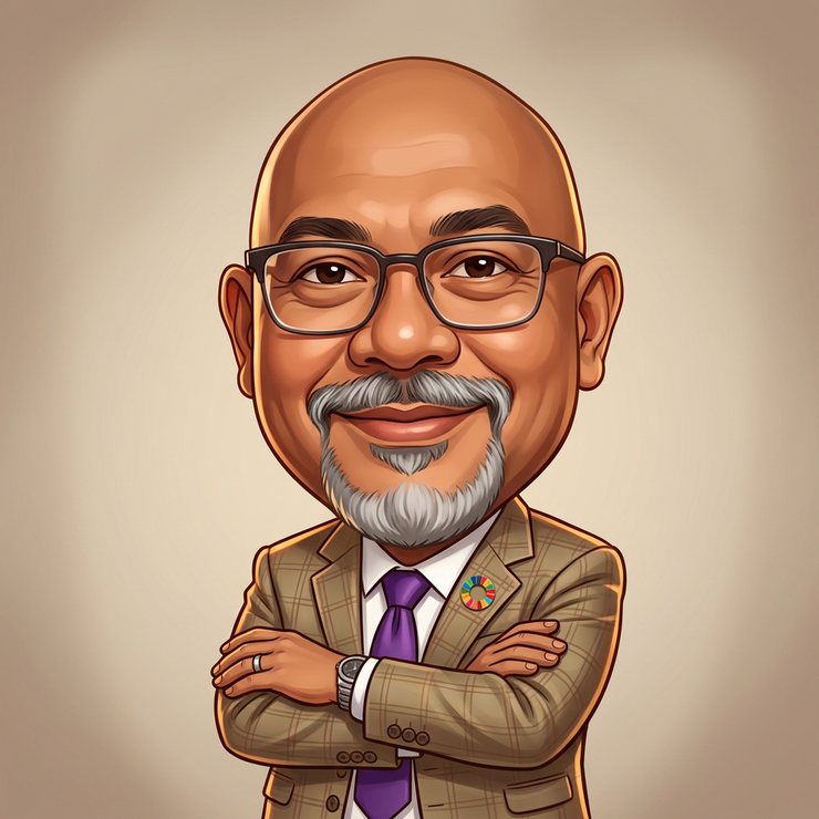 AI-generated illustration of Reza Ali: The same caricature of Reza Ali on a plain warm studio backdrop, arms crossed, full grey beard, white shirt.