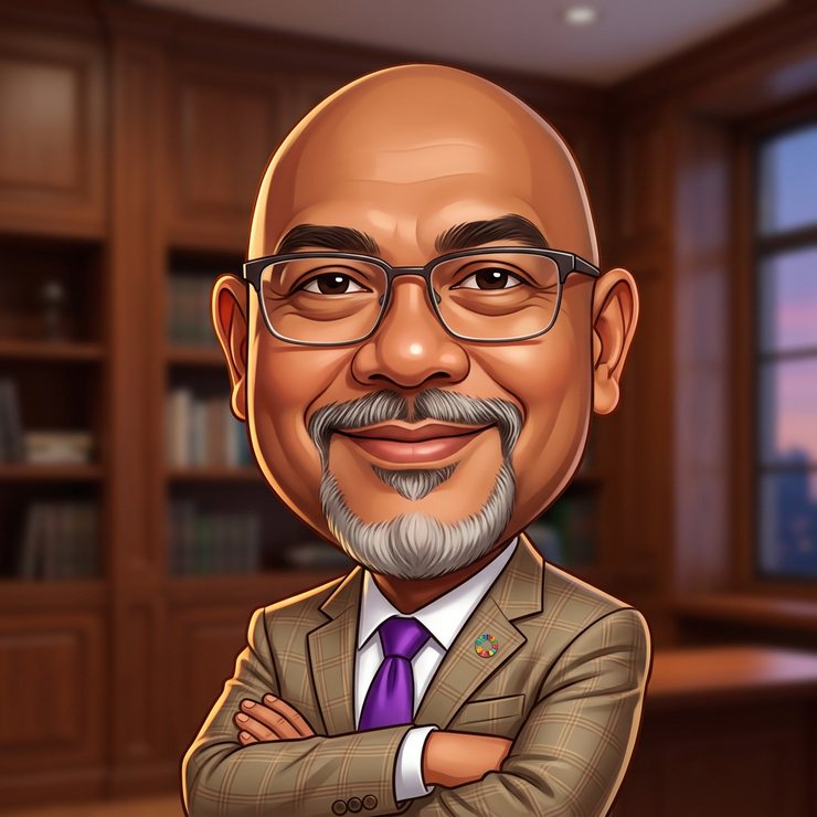 AI-generated illustration of Reza Ali: A closer caricature of Reza Ali, head and shoulders, against a soft office background at dusk.