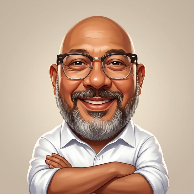 AI-generated illustration of Reza Ali: A caricature of Reza Ali with a full grey beard and browline spectacles on a plain backdrop.