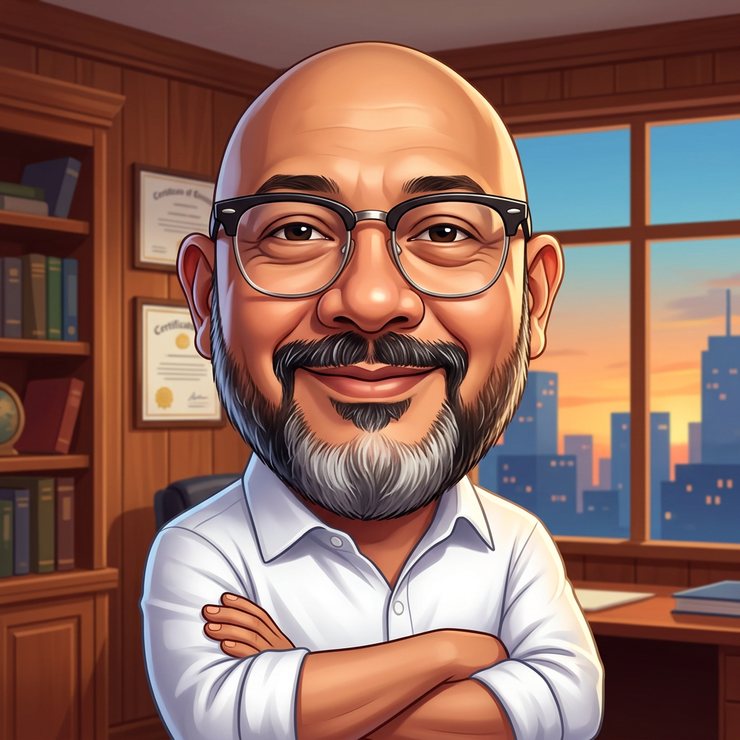 AI-generated illustration of Reza Ali: A caricature of Reza Ali with a full grey beard and browline spectacles, arms crossed in a wood-panelled office with bookshelves and a city skyline at sunset.