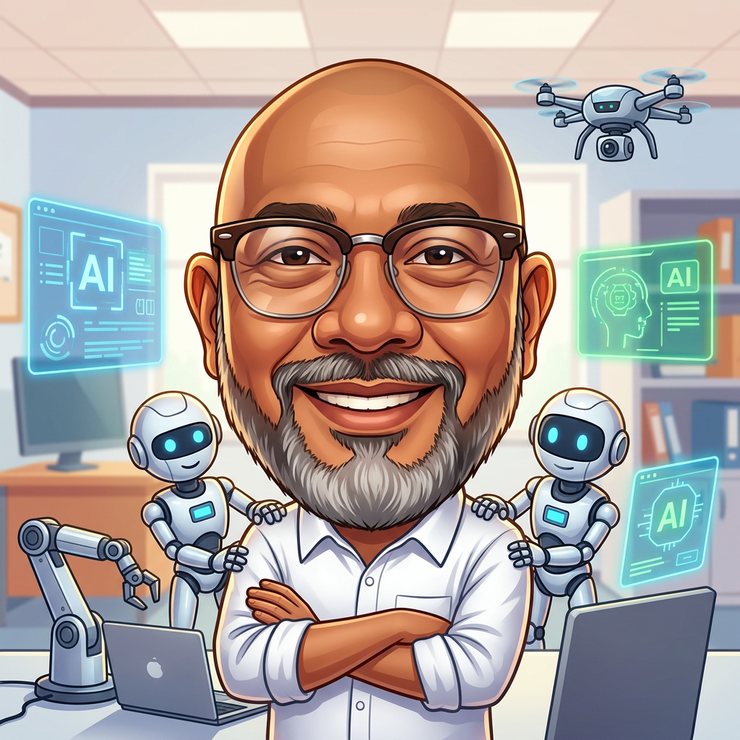 AI-generated illustration of Reza Ali: A caricature of Reza Ali with an oversized head and a broad grin, arms crossed in a white shirt, flanked by two small white humanoid robots with a robotic arm on the desk, a drone overhead and glowing AI panels around him in a bright research office.