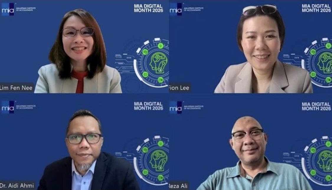 A four-tile video panel from MIA Digital Month 2026 showing the moderator and three panellists - Lim Fen Nee, Fion Lee, Dr Aidi Ahmi and Reza Ali - each tile carrying the MIA Digital Month 2026 branding.
