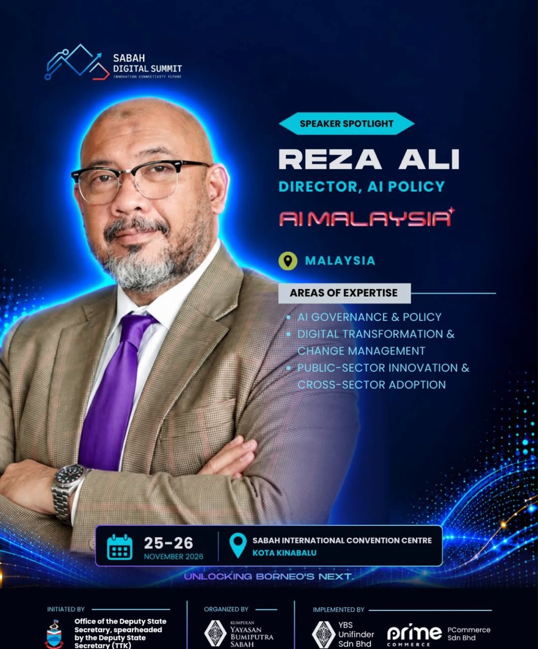 Sabah Digital Summit 2026 speaker spotlight card for Reza Ali, Director of AI Policy, AI Malaysia